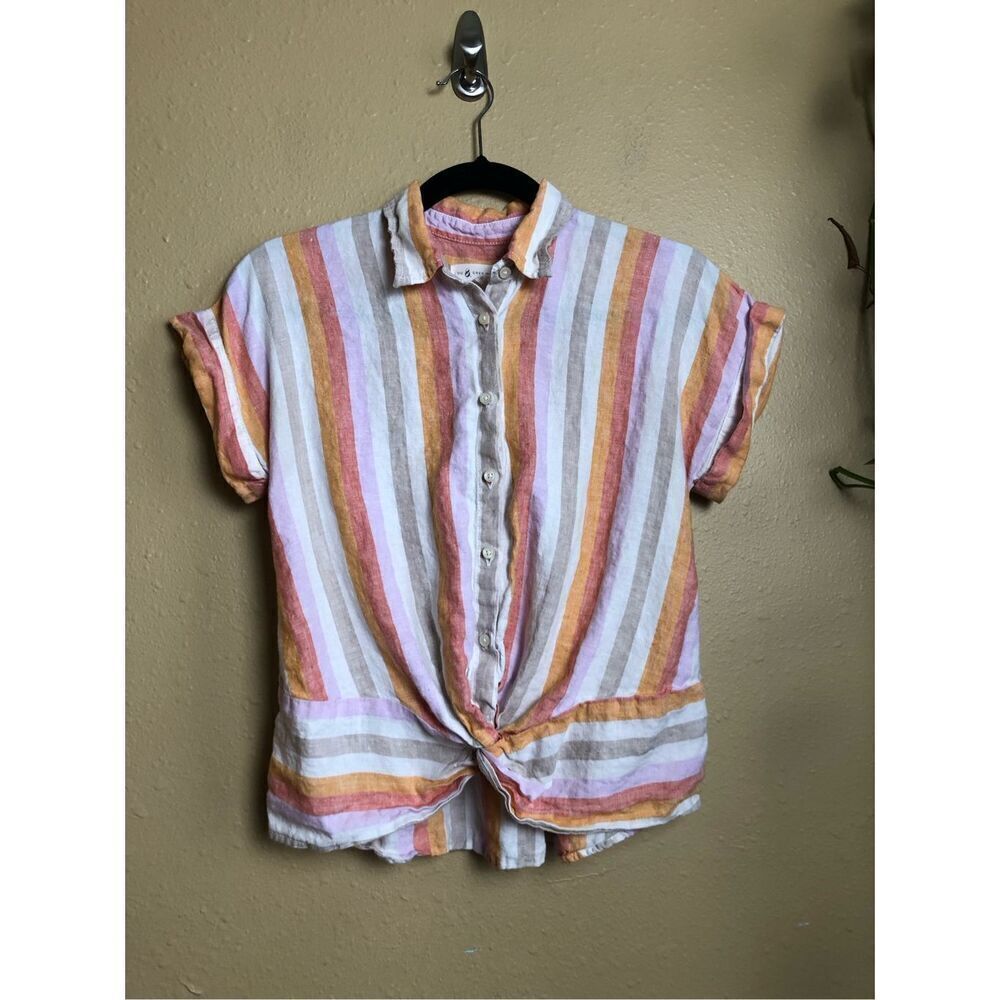 Lou & grey Linen Top Blouse Orange Stripe Short Sleeve Collared Size XS